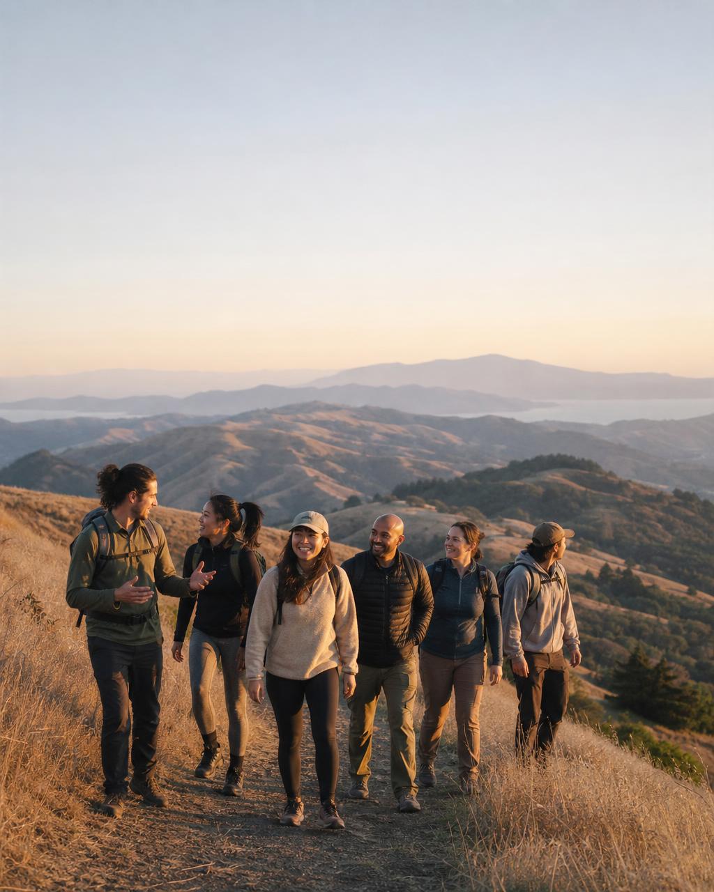 A small group hiking Bay Area ridge trails at sunset