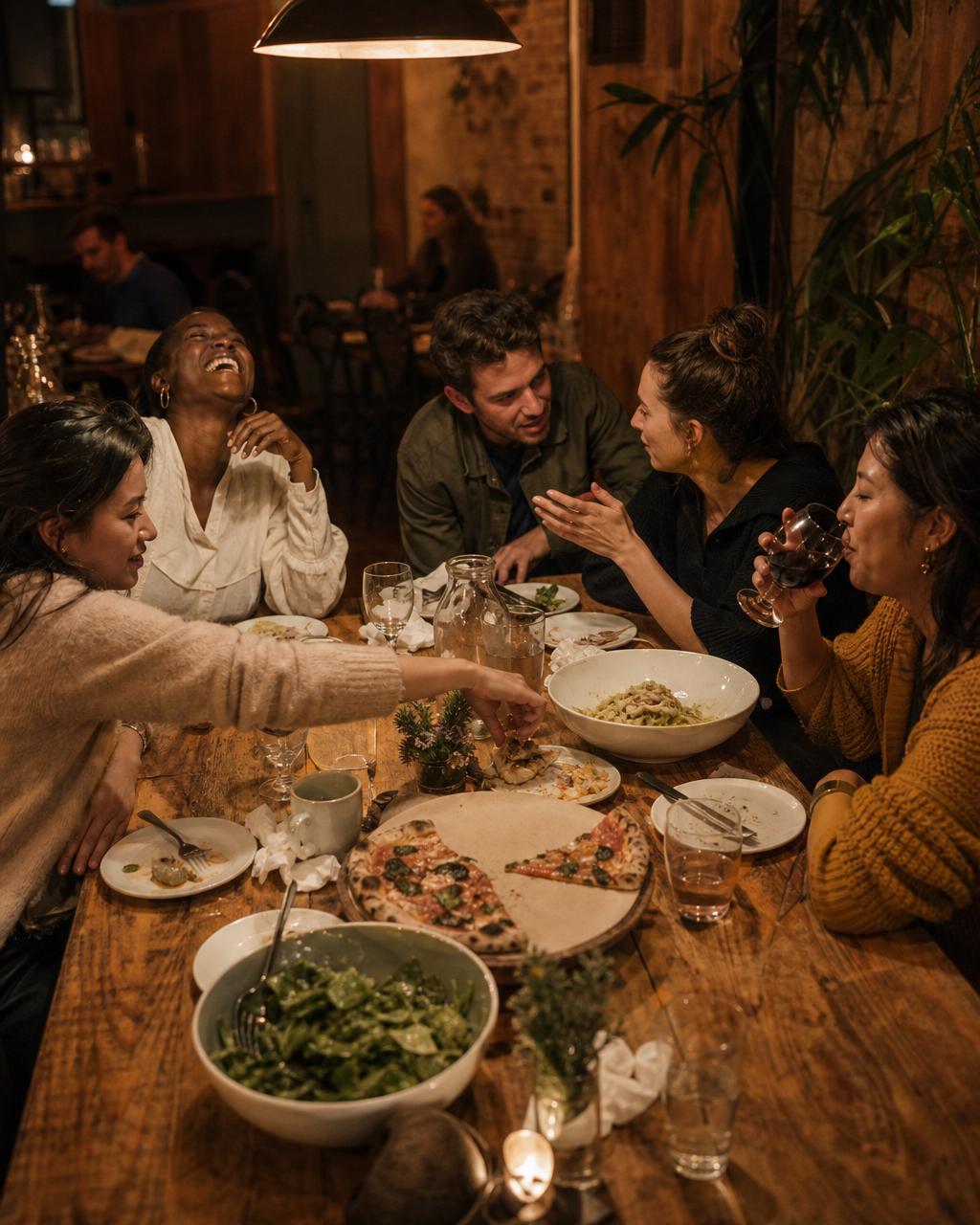 Friends laughing over dinner at a neighborhood restaurant
