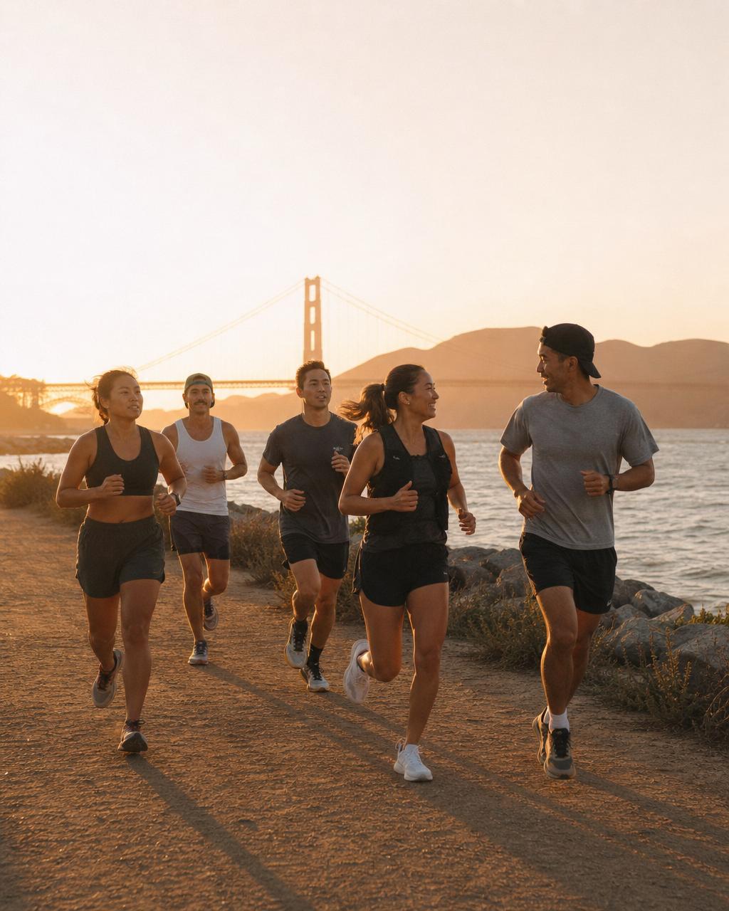 Friends running together along the Bay at golden hour