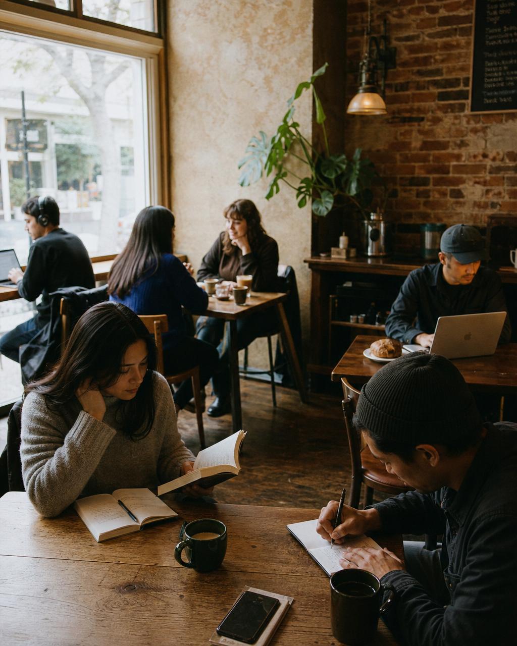 Neighbors reading and working at a warm Bay Area café