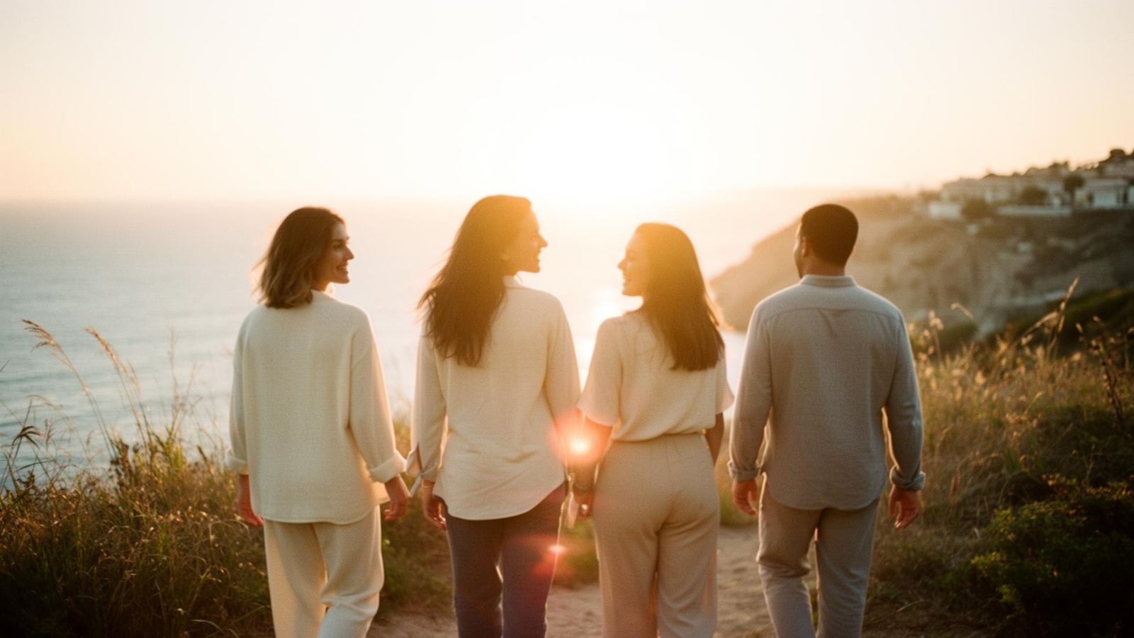 Friends walking together along a coastal path toward a golden sunset