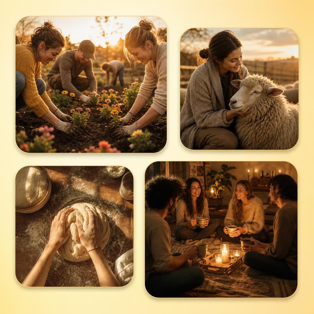A warm four-frame collage of intentional KinPod community moments: friends planting flowers at a community garden in golden light, a young woman gently petting a sheep at an animal sanctuary, hands kneading sourdough in soft window light, and a small group sharing tea by candlelight at a slow Sunday gathering.